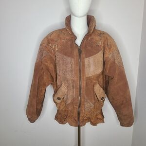 Vintage WINLIT 80s Leather Patchwork Print Bomber‎ Jacket Coat Size S
